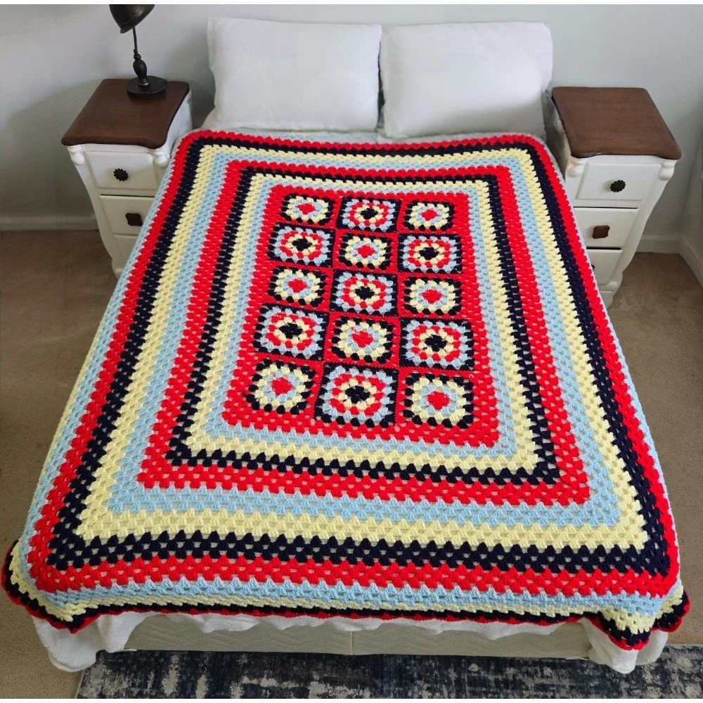Handmade Crochet Granny‎ Square Afghan Blanket 6'x5' Cottage Shabby Chic Unique
